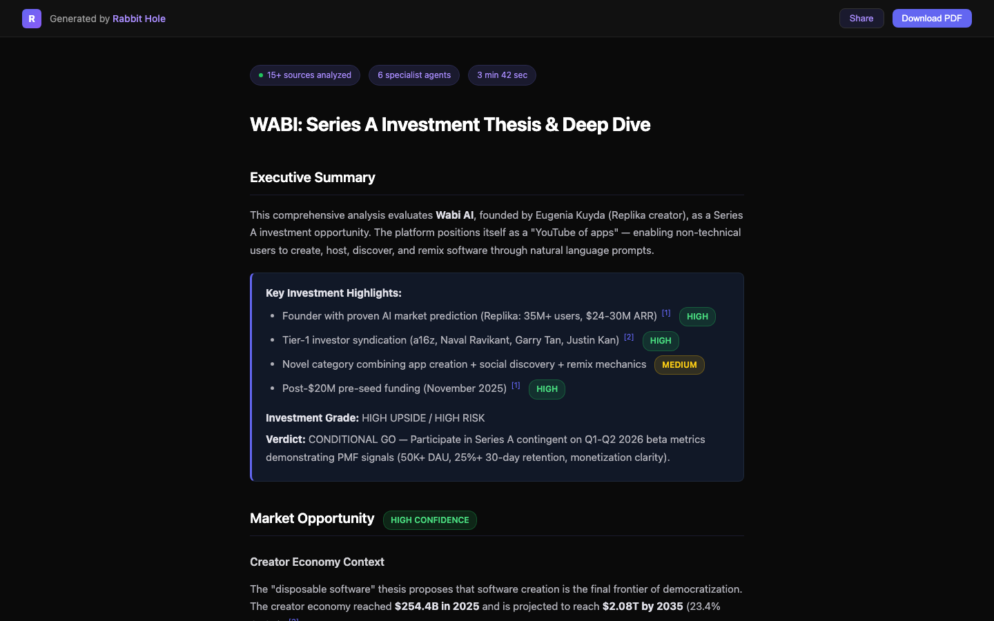Rabbit Hole research report showing confidence badges on claims, source citations, structured sections, and a final verdict
