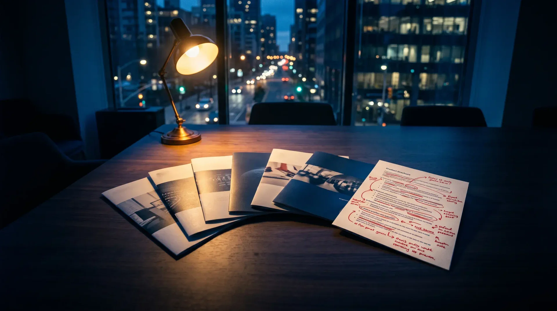 A dark boardroom with a strategy wall covered in competitor notes, pricing comparisons, and glowing intelligence dashboards