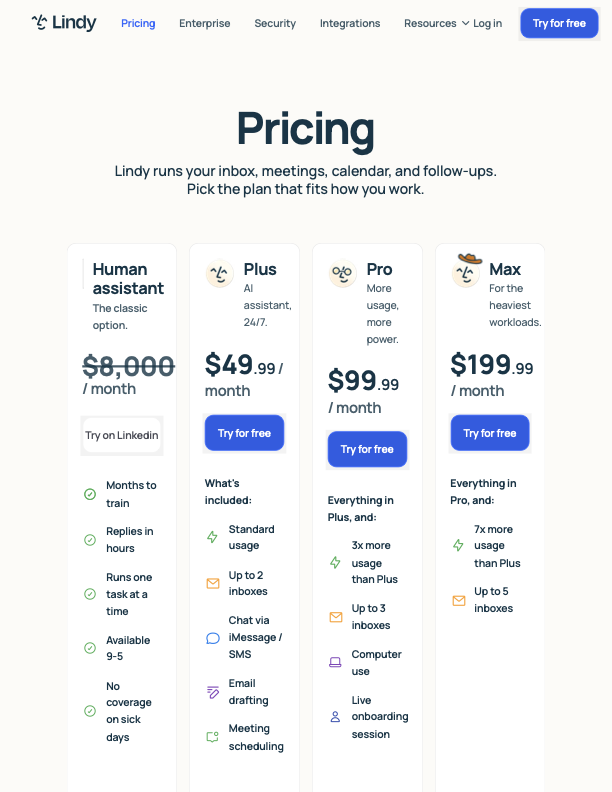 Lindy pricing page showing Plus, Pro, and Max plans alongside meeting, inbox, and assistant automation features