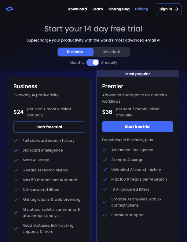 Shortwave pricing page showing Business and Premier plans, annual billing, and AI search workflow features
