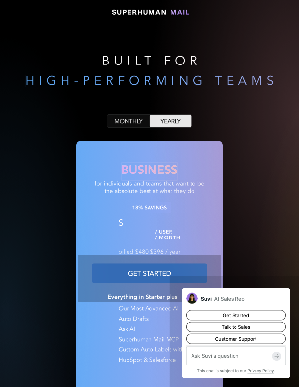 Superhuman pricing page showing the Business plan, annual billing toggle, and AI-heavy plan comparison table