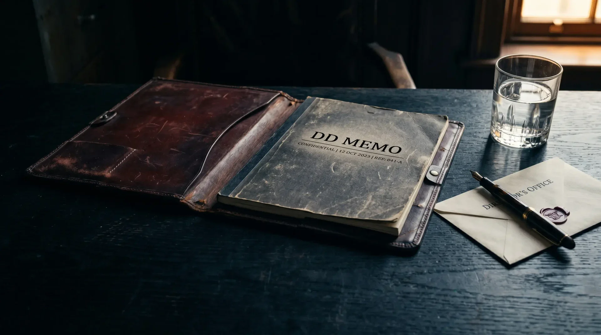 A dark boardroom table covered with research briefs, screens, and evidence folders before a high-stakes diligence meeting
