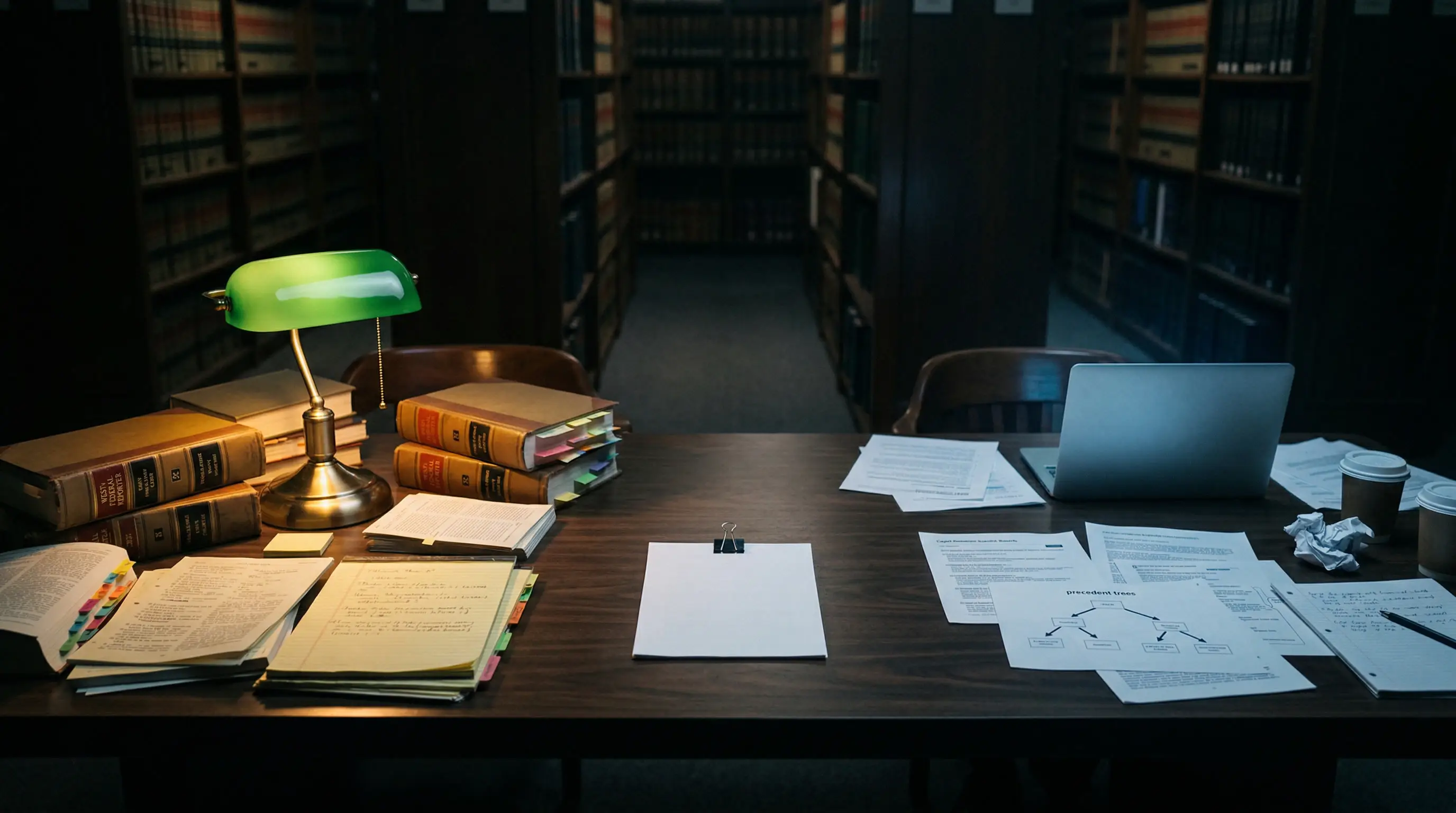 A split law-library desk where warm books and a banker’s lamp meet the cold glow of a laptop, visualizing the threshold between AI speed and verified legal authority.