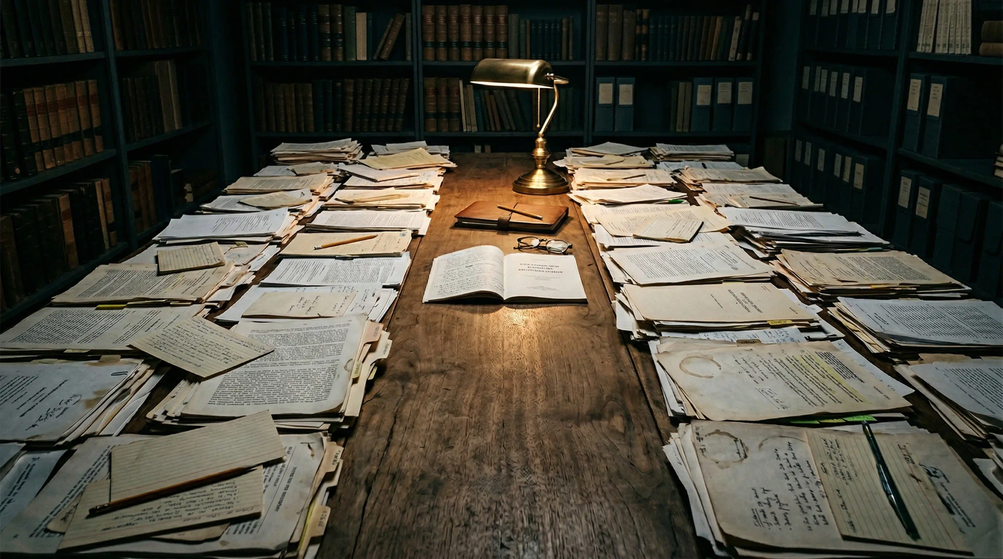 Library table strewn with research papers, central open paper under a brass lamp with a clear wood lane cutting through the clutter