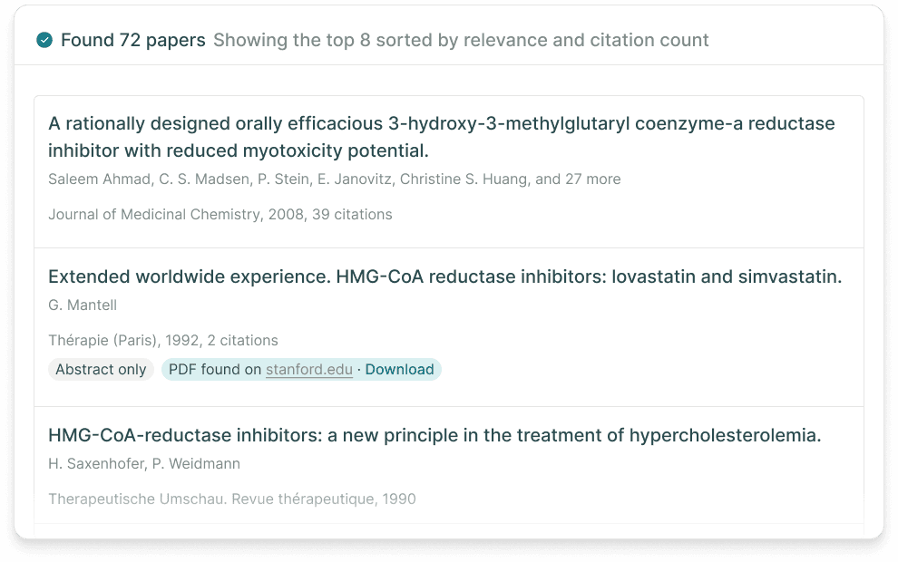 Elicit search results showing top papers with relevance and citation counts.