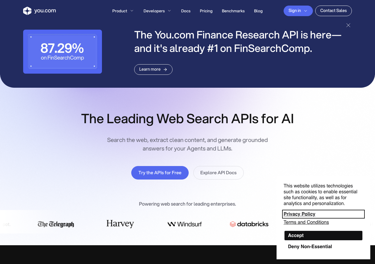 You.com public platform page emphasizing enterprise AI agents, APIs, and workplace workflows.