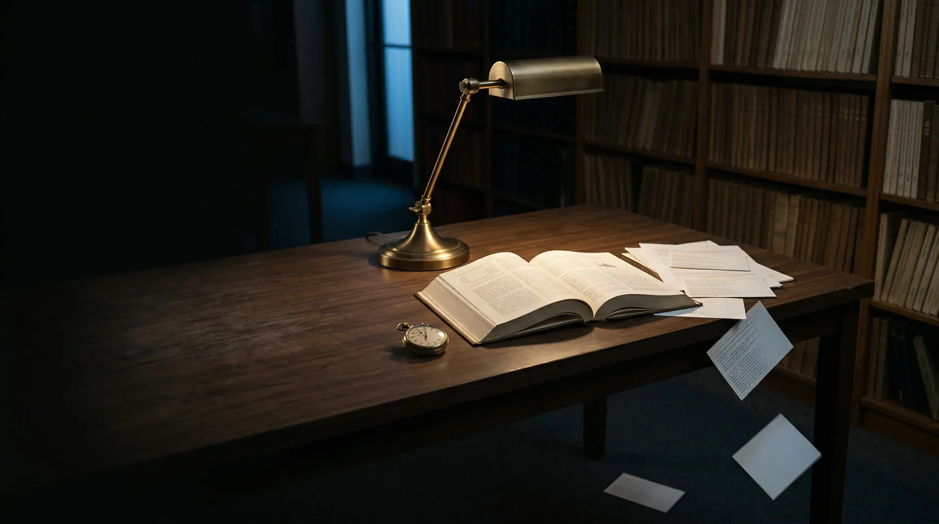 Academic papers on a dark walnut desk begin to unravel into blank citation strips under a warm brass lamp, symbolizing AI research that looks credible until its sources are inspected