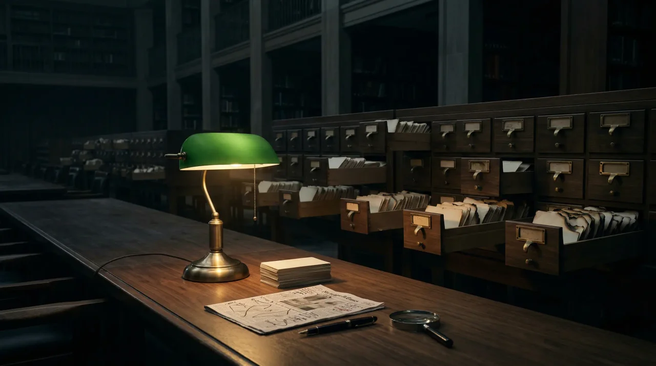 A dim, cinematic library table lit by a green banker's lamp with rows of open, overflowing card-catalog drawers spilling index cards, suggesting archival collapse and unreliable authority.