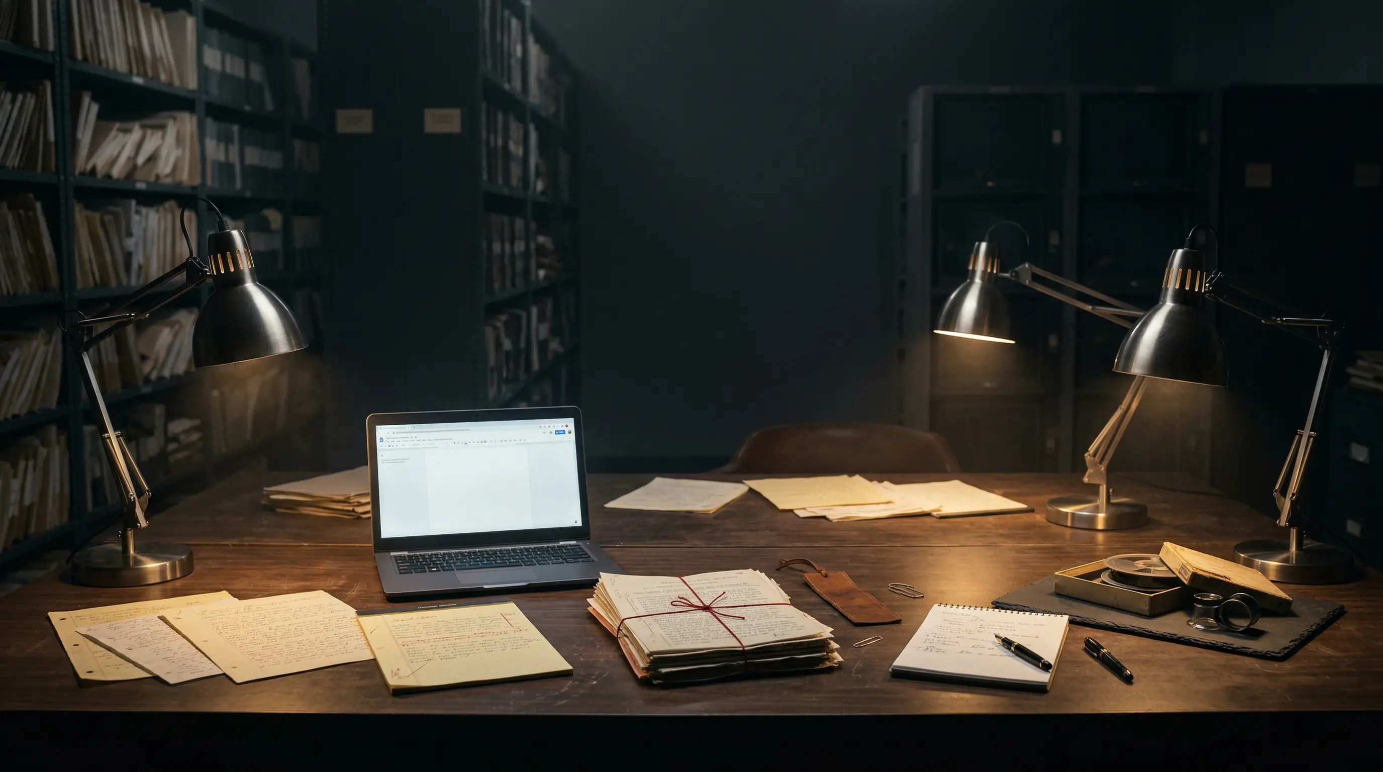 Dim archival research desk under warm lamps with annotated papers, stacked sources, and a glowing laptop in a dark archive room, visualizing the difference between fast answers and evidence-backed research workflows.