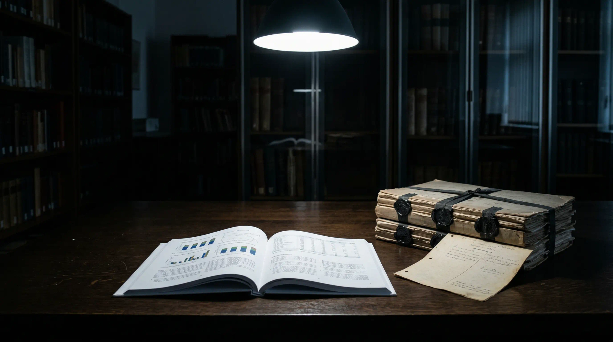 Overhead-lit open research report beside stacked, wax-sealed files on a wooden table in a dark library