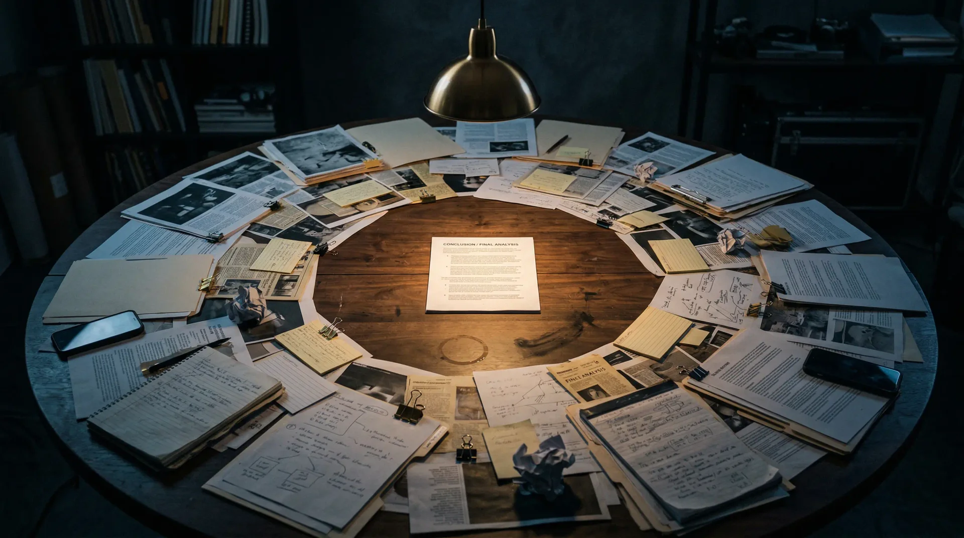 A cinematic overhead research table where scattered investigation fragments spiral outward while one finished report sits illuminated at the center
