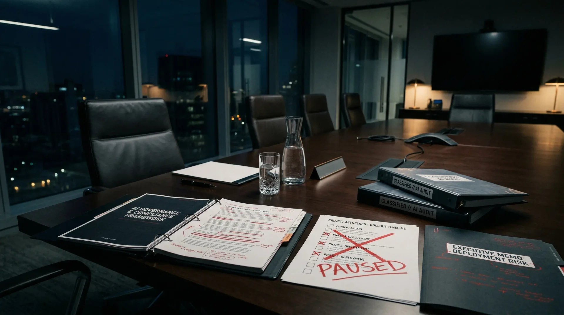 A dark boardroom with a strategy wall covered in competitor notes, pricing comparisons, and glowing intelligence dashboards