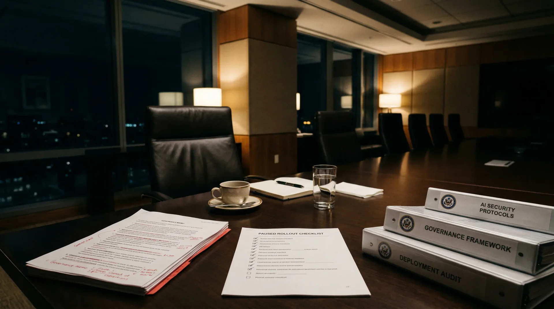 Executive boardroom after hours with governance binders and rollout paperwork left unresolved