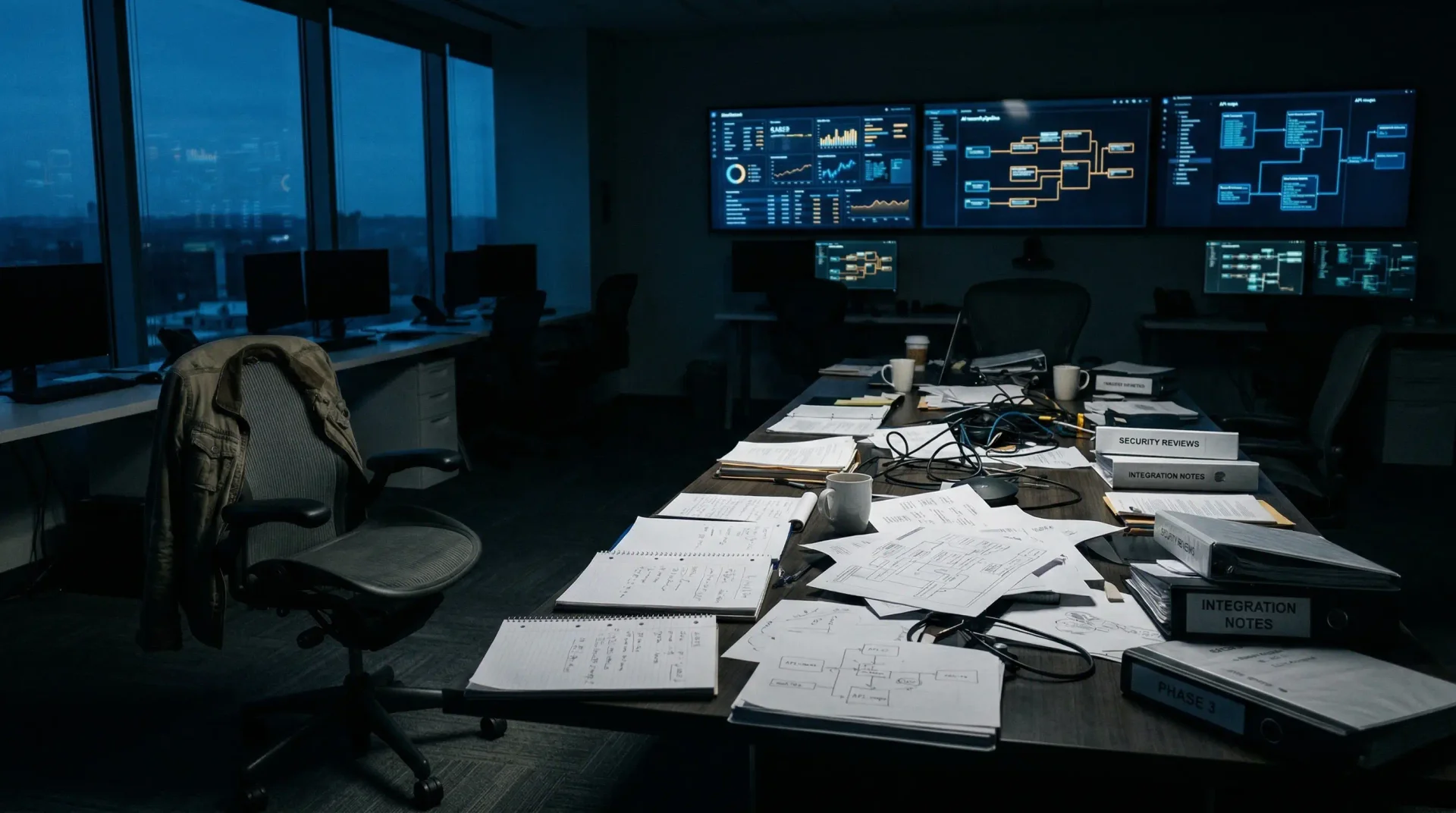 A dark operations room with dashboards, scattered research printouts, and a market analysis wall glowing in the background