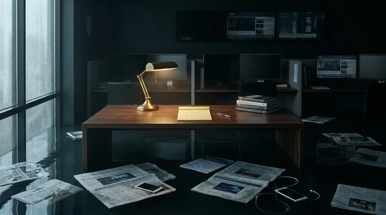 A lamp-lit desk stands above shallow floodwater in a dark newsroom while soaked tech printouts drift below, visualizing signal versus information overload.