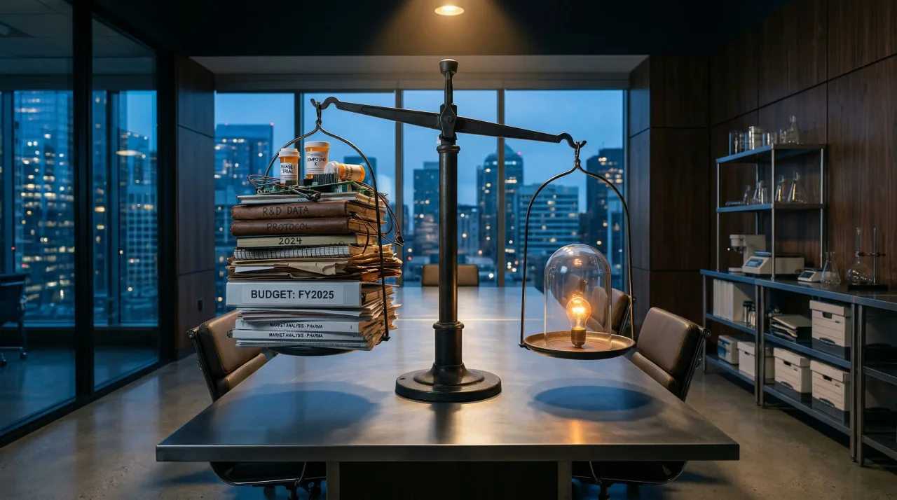 Industrial balance scale in a dark R&D boardroom overloaded with binders and prototypes against a single glowing lightbuld under glass