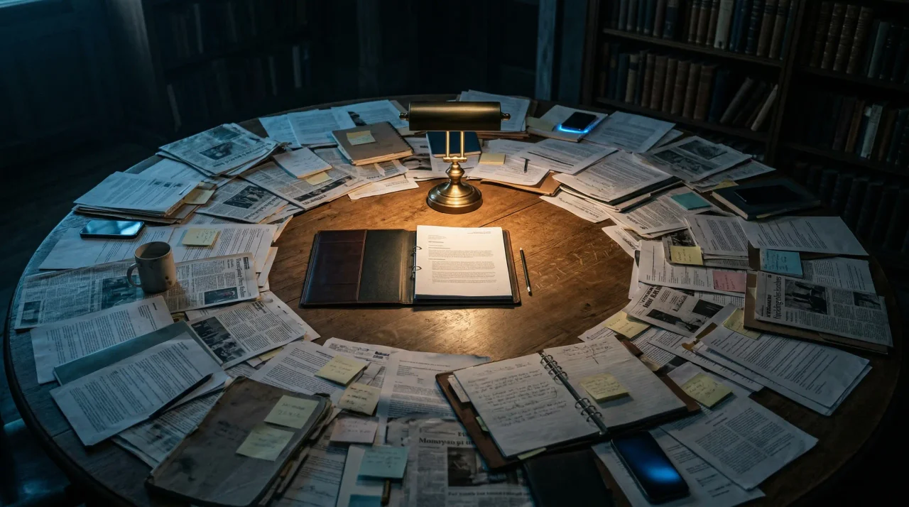 A dark editorial research studio with a circular table buried in source fragments around one illuminated dossier