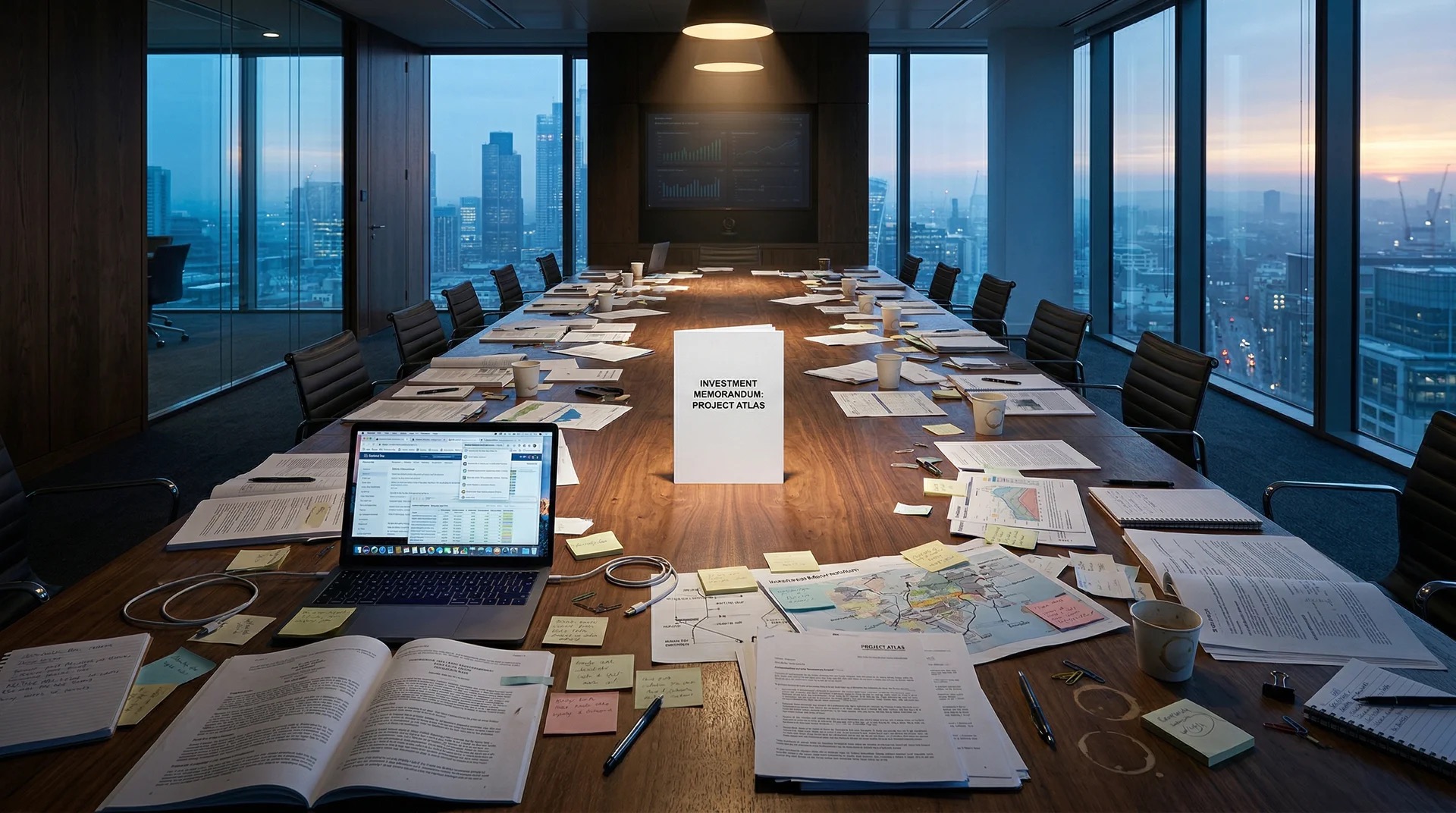 A venture-capital boardroom at dawn covered in research materials, converging on a single memo under a spotlight