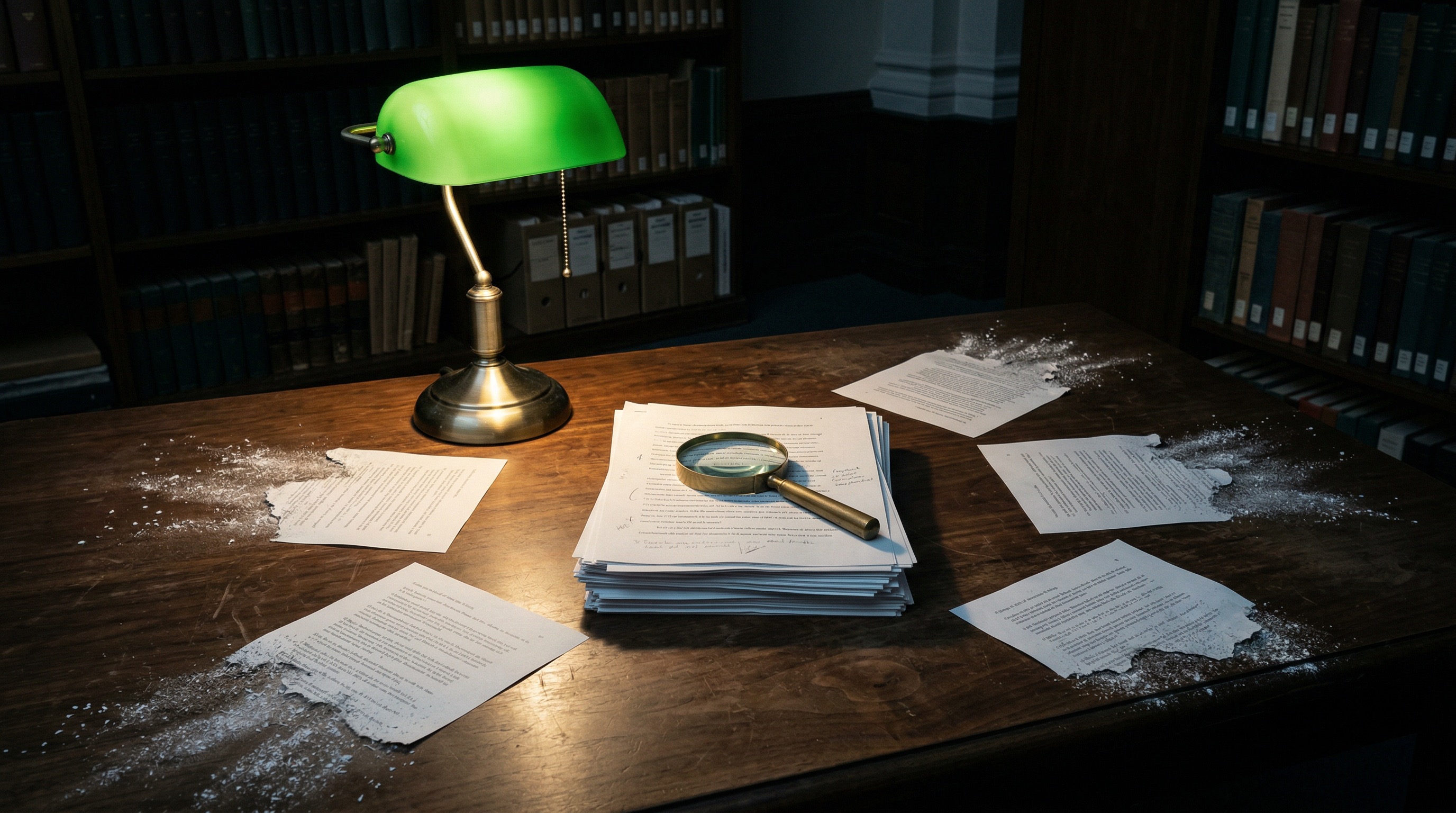 A dark archival research table where only the verified papers stay intact under a magnifying glass