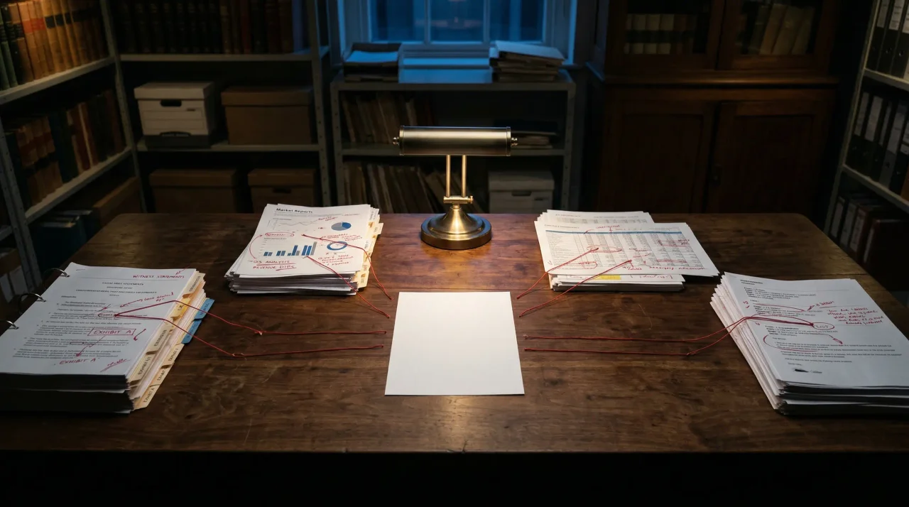 Research table at night with separate stacks of legal, market, finance, and email documents failing to connect at the center