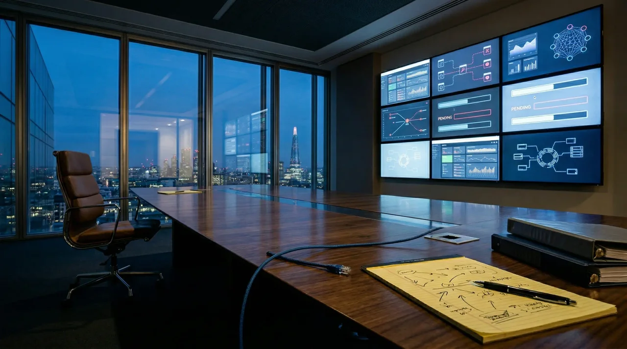 Empty dusk boardroom with sketched notebook and unplugged Ethernet cable on the table, wall of AI dashboards in the background